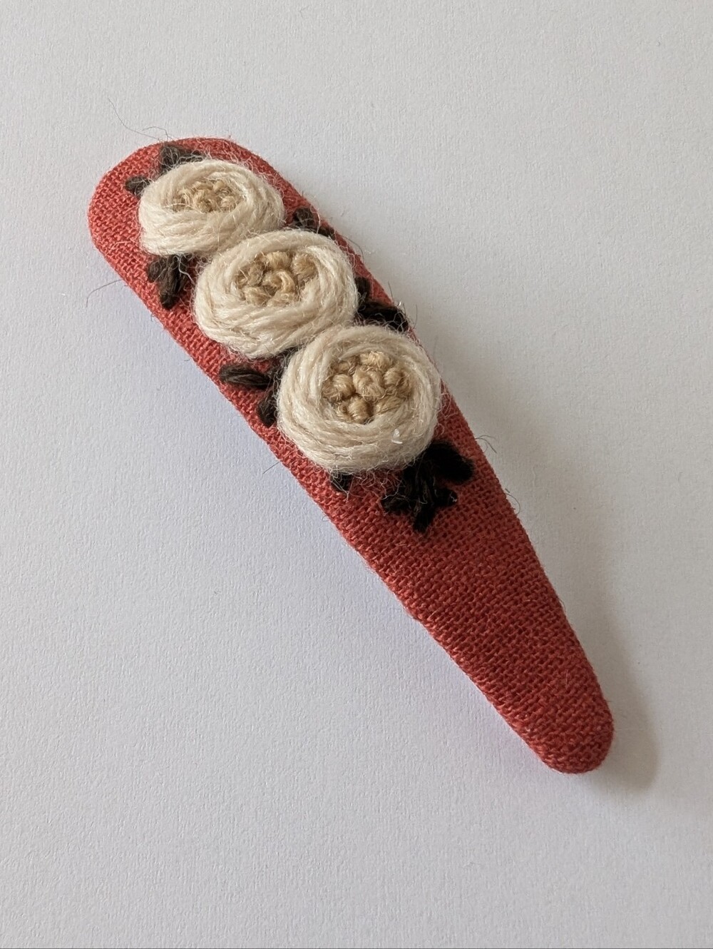 Cream Wool Roses On Orange Hand Embroidered Large Handmade Hair Clip